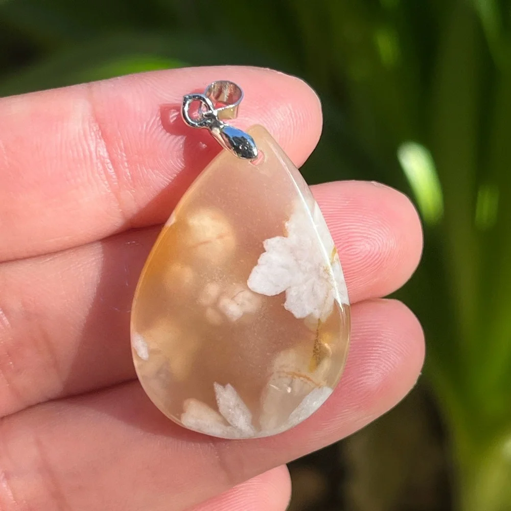 Sterling‎ silver pink butterfly patterm flower agate pendant 0966